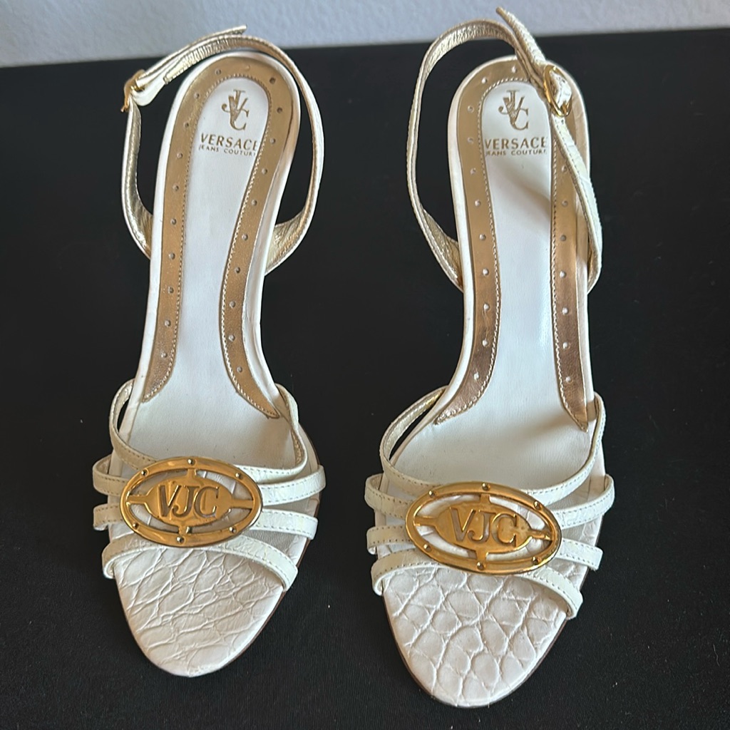Versace Jean Coutures White And Gold Woman Sling Back Sandals
